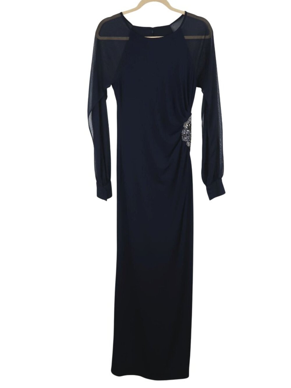Eliza J 4 Navy Blue Long Sleeve Gown Sheer Slit Sleeves Embellished Beaded